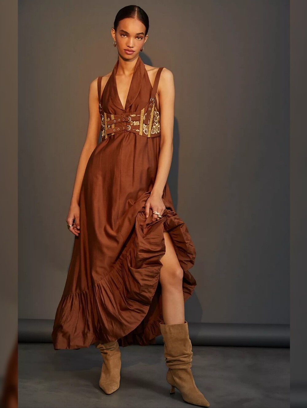 Nikita Mhaisalkar Flounced Brown Halter Maxi Dress with Corset Women's